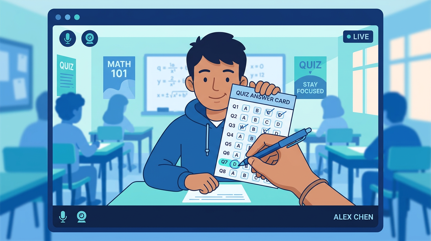 Ilustração: câmera a apontar para cartão de resposta na sala