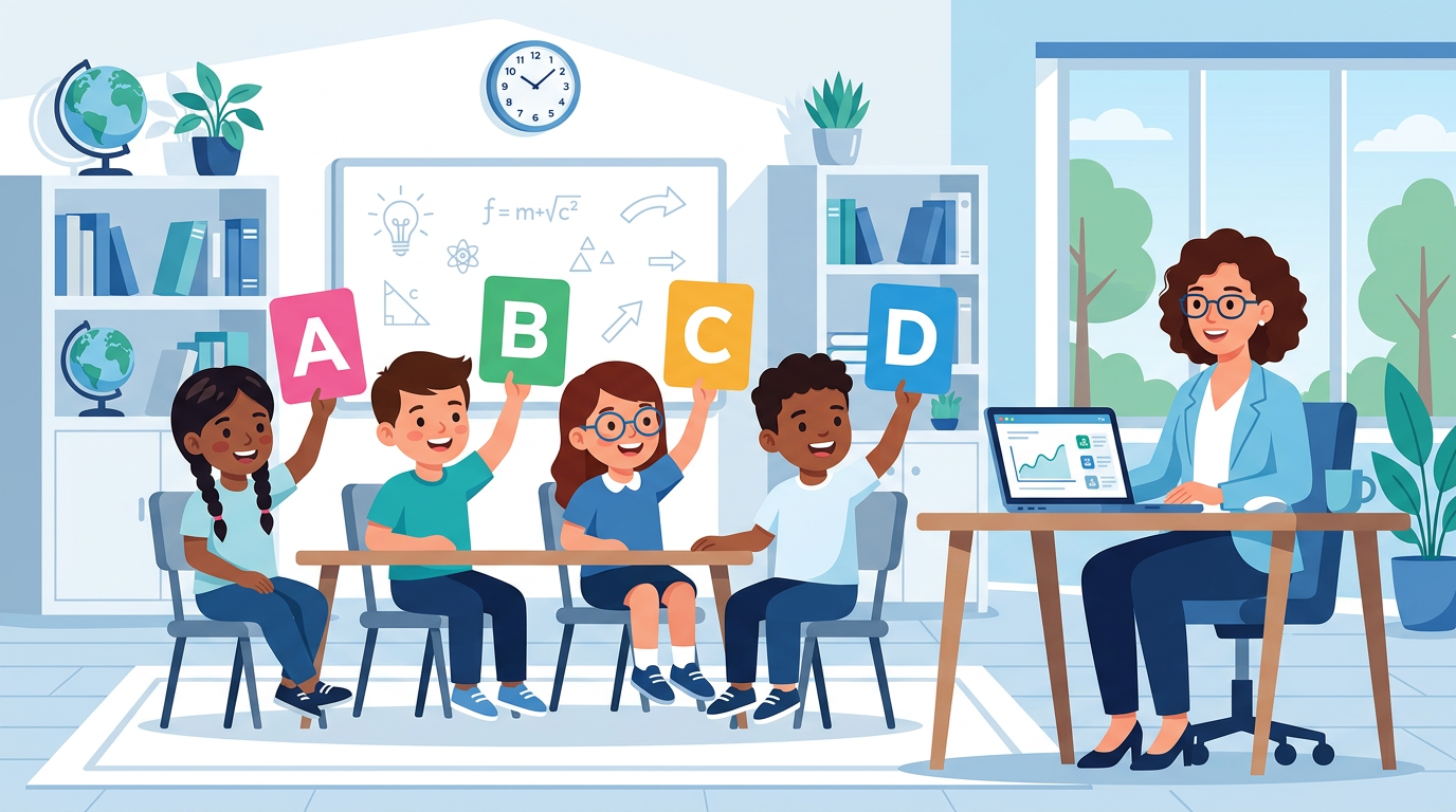 Ilustração: sala de aula com cartões de resposta A a D